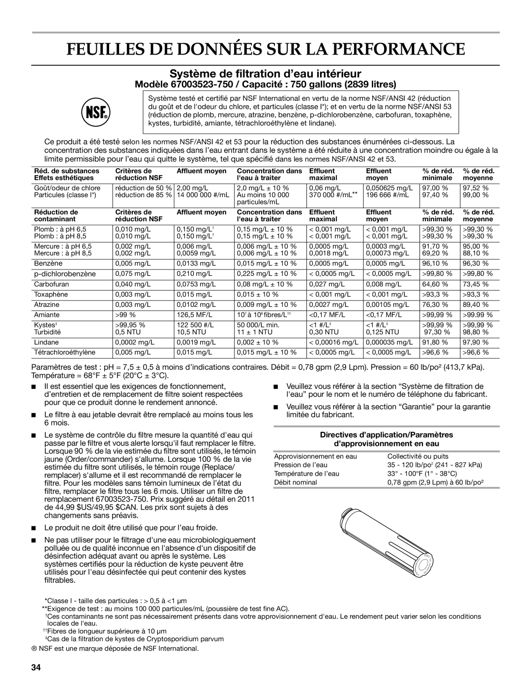 KitchenAid W10366208A Feuilles DE Données SUR LA Performance, Système de filtration d’eau intérieur 