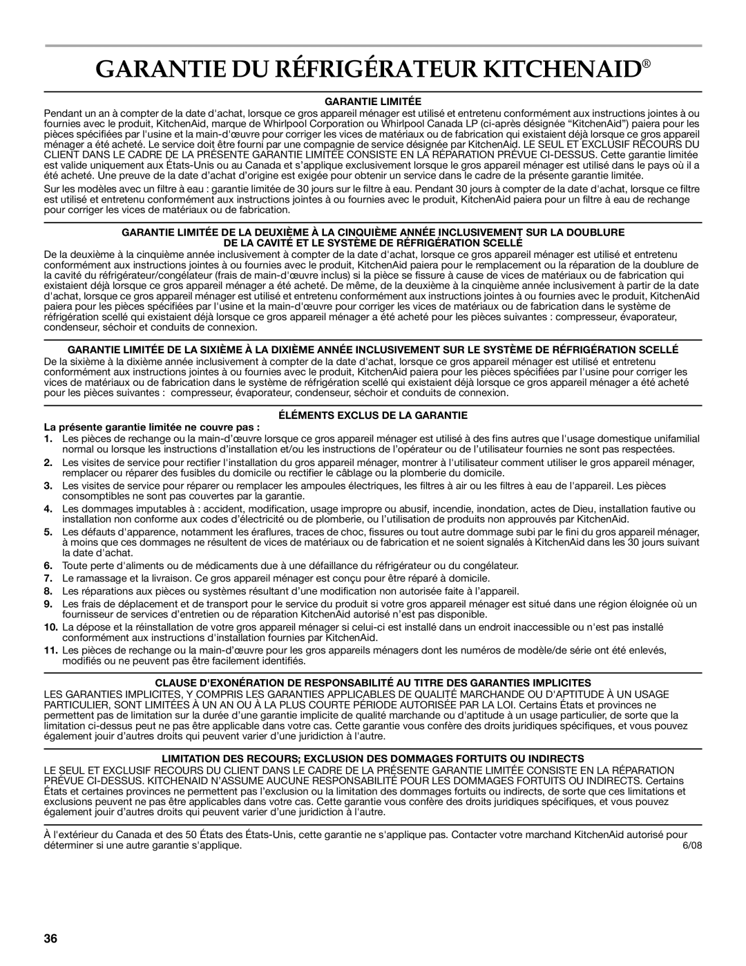 KitchenAid W10366208A installation instructions Garantie DU Réfrigérateur Kitchenaid, Garantie Limitée 