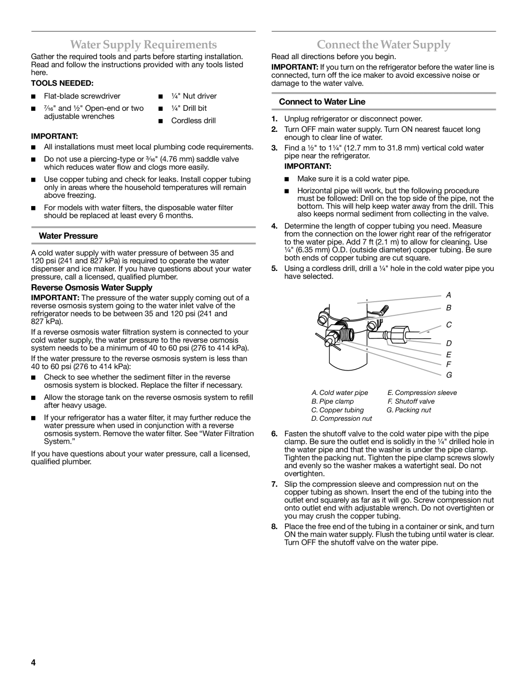 KitchenAid W10366208A Water Supply Requirements, Connect the Water Supply, Water Pressure, Reverse Osmosis Water Supply 