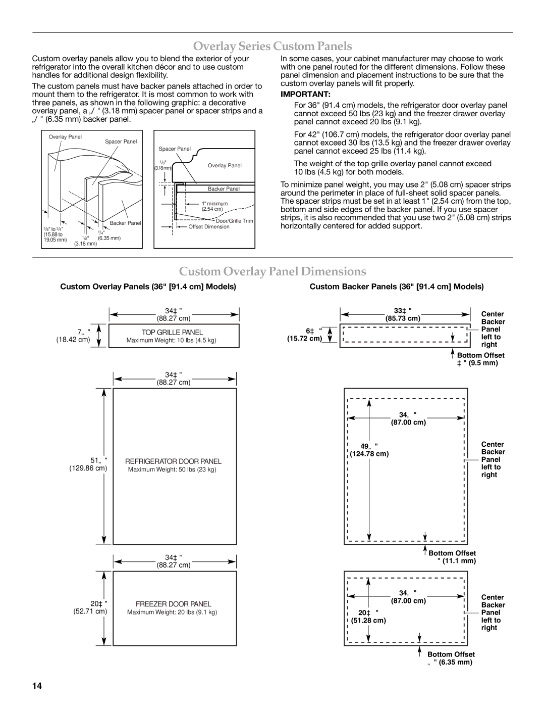 KitchenAid W10379132A manual Overlay Series Custom Panels, Custom Overlay Panel Dimensions 