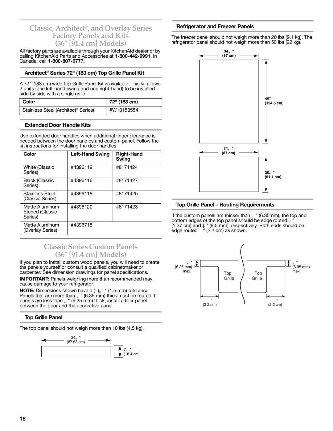 KitchenAid W10379132A manual Classic Series Custom Panels 36 91.4 cm Models 