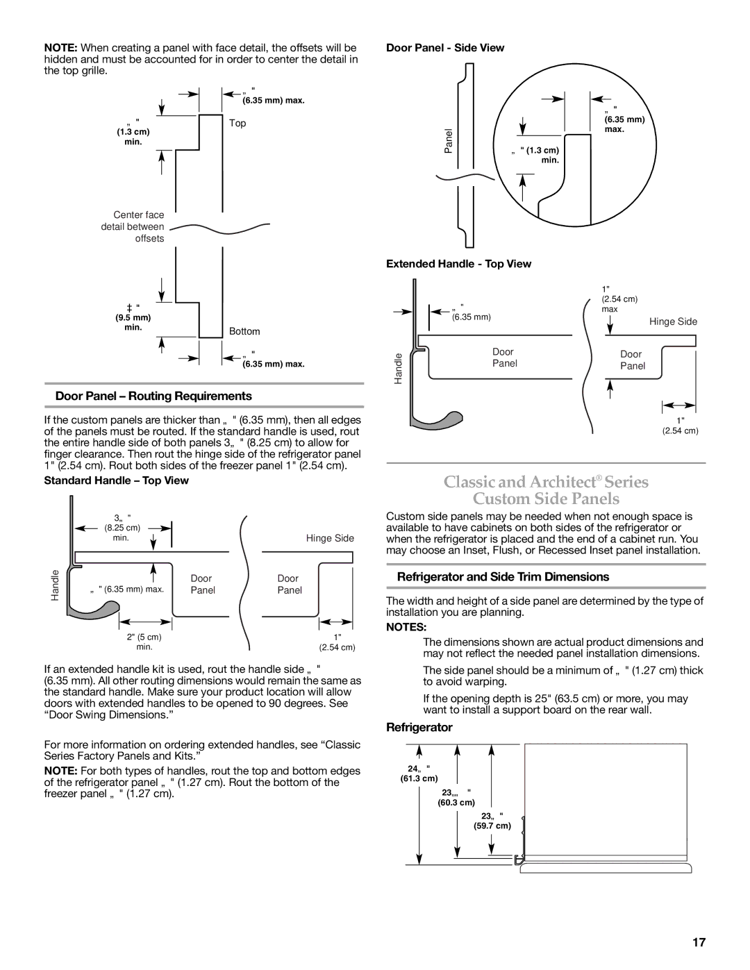 KitchenAid W10379132A manual Classic and Architect Series Custom Side Panels, Door Panel Routing Requirements, Refrigerator 