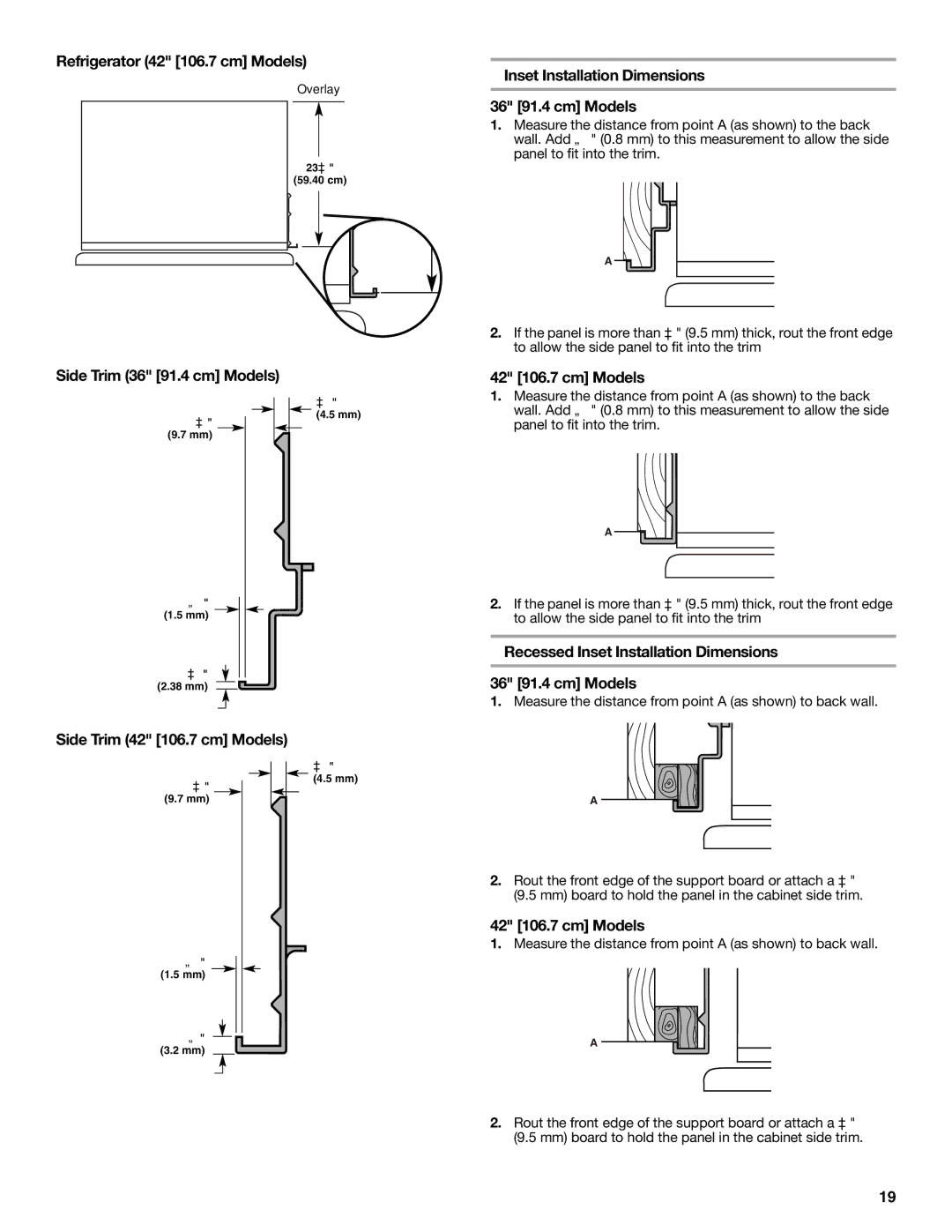 KitchenAid W10379132A manual Refrigerator 42 106.7 cm Models, Side Trim 36 91.4 cm Models Inset Installation Dimensions 