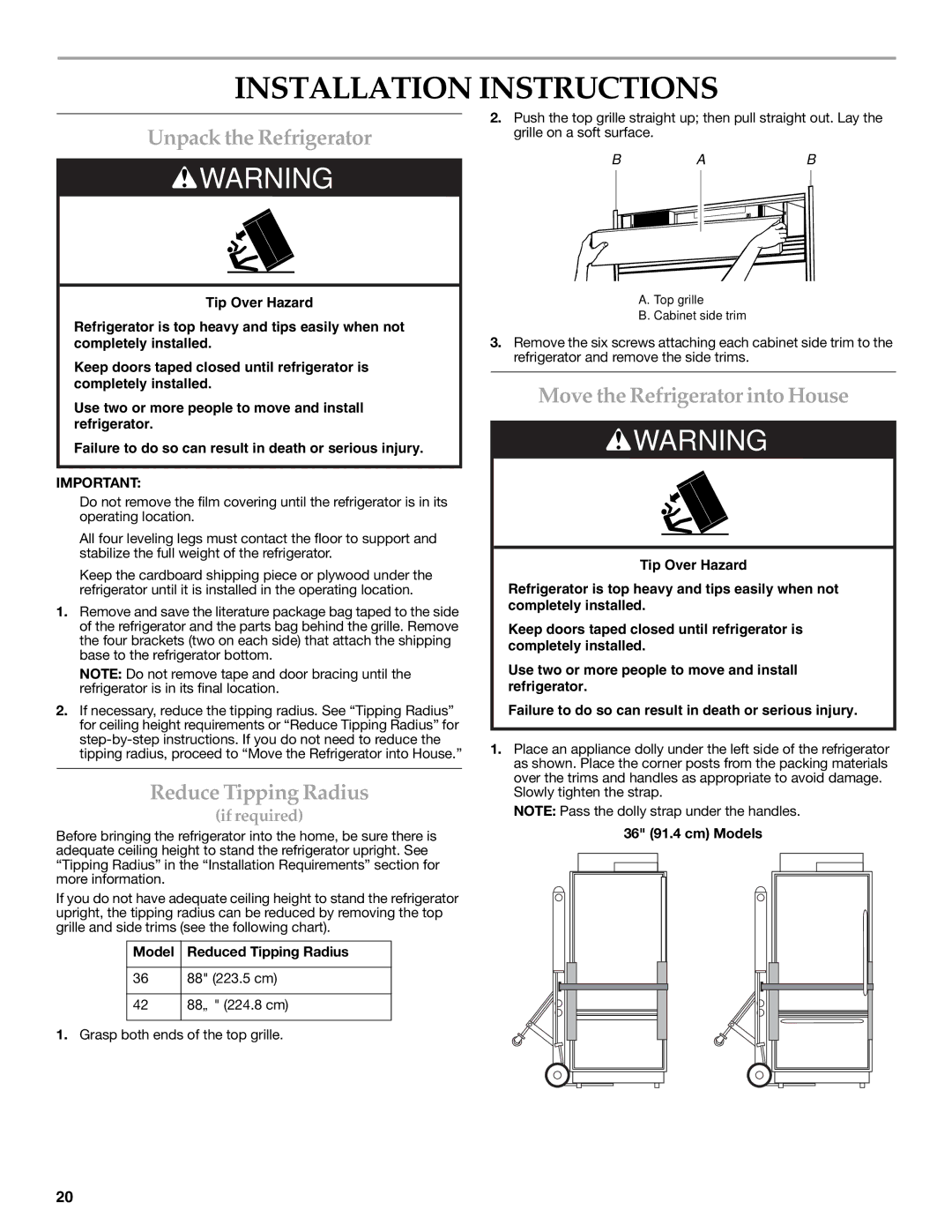 KitchenAid W10379132A manual Installation Instructions, Unpack the Refrigerator, Reduce Tipping Radius 