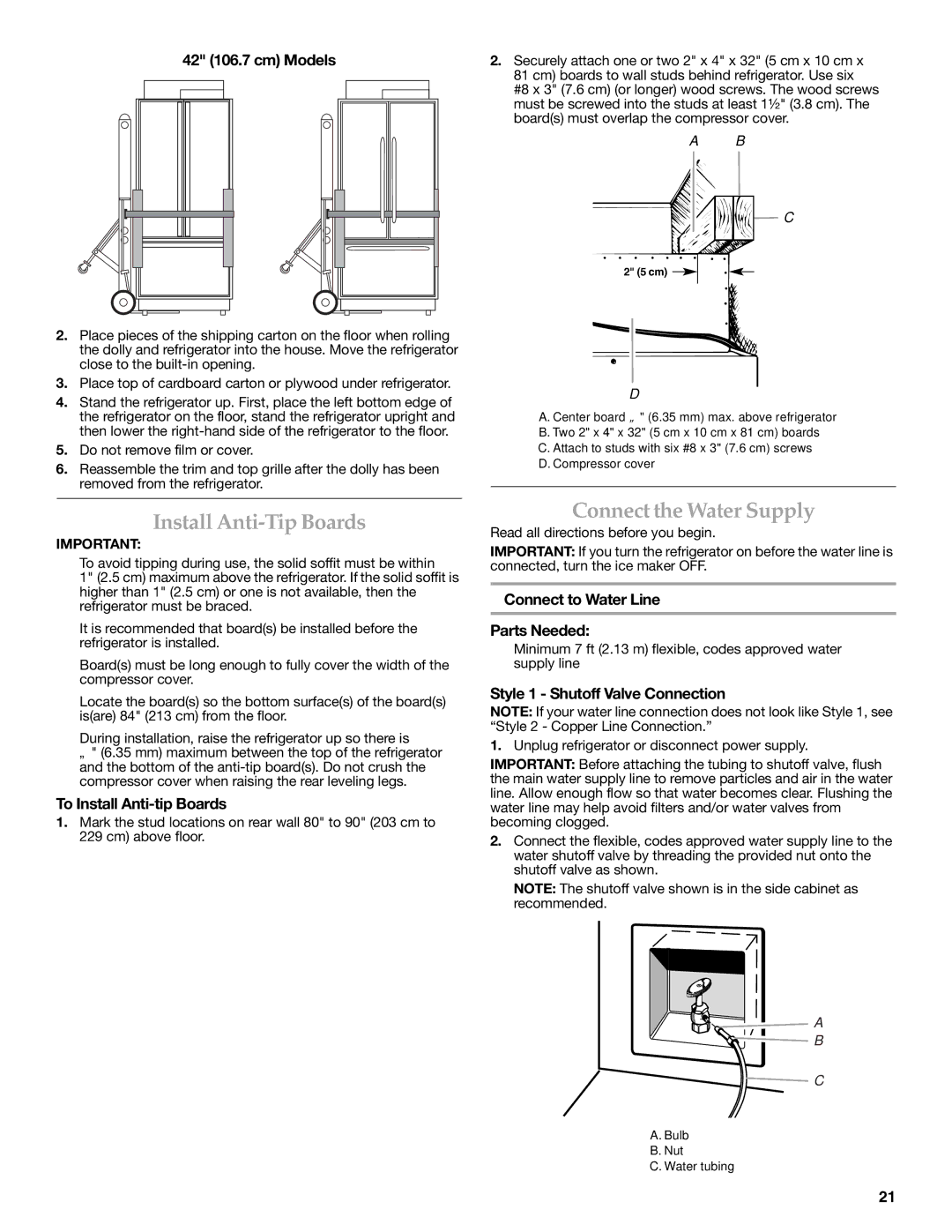 KitchenAid W10379132A manual Install Anti-Tip Boards, Connect the Water Supply, To Install Anti-tip Boards 