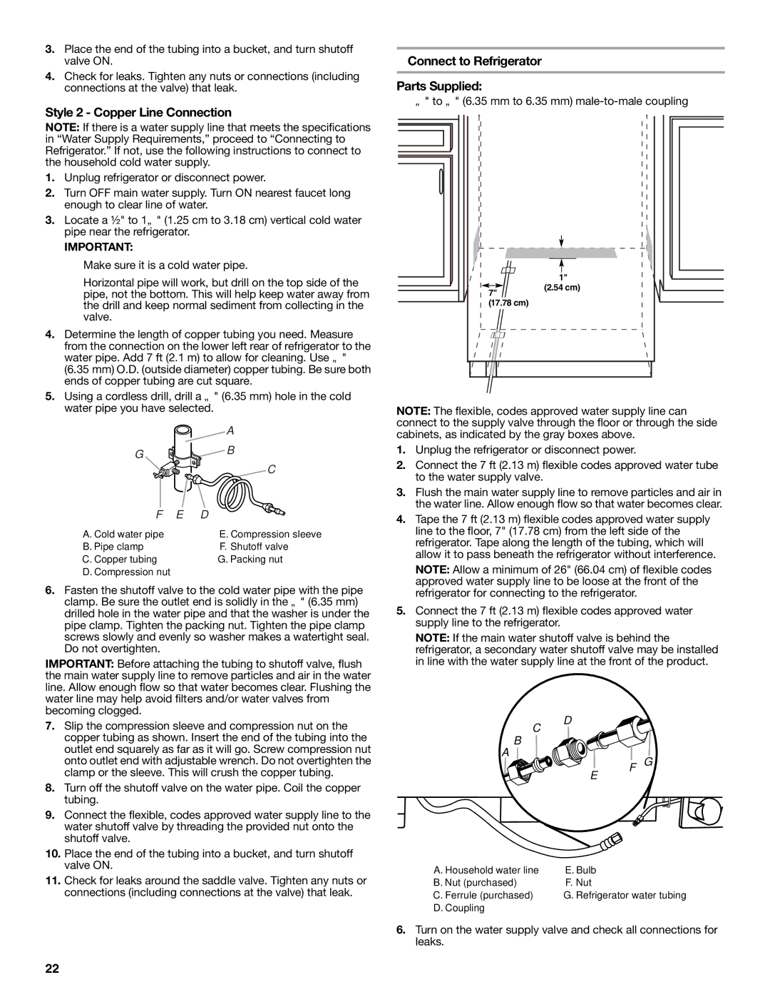 KitchenAid W10379132A manual Parts Supplied, Style 2 Copper Line Connection, Connect to Refrigerator 