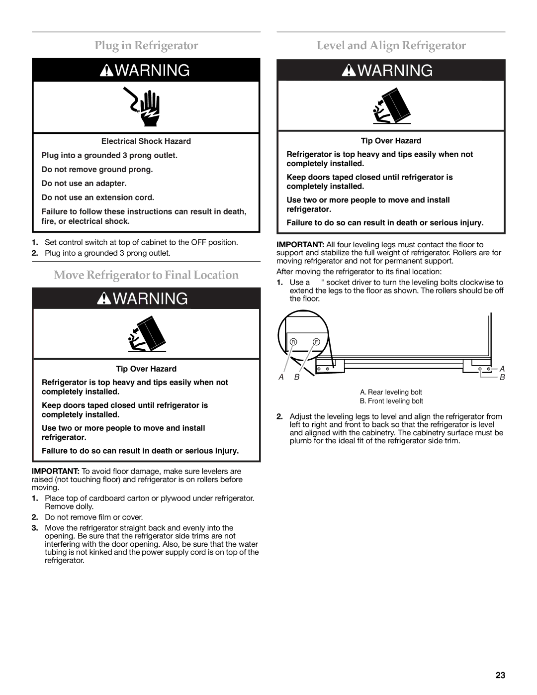 KitchenAid W10379132A manual Plug in Refrigerator, Move Refrigerator to Final Location, Level and Align Refrigerator 