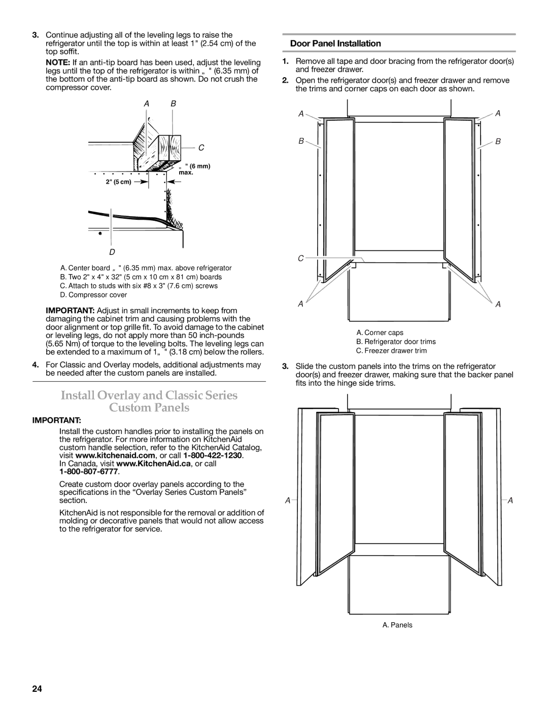 KitchenAid W10379132A manual Install Overlay and Classic Series Custom Panels, Door Panel Installation 