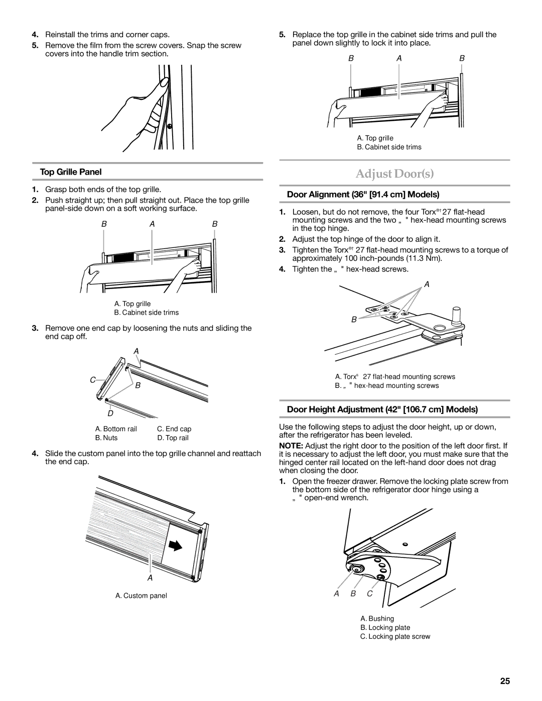 KitchenAid W10379132A manual Adjust Doors, Door Alignment 36 91.4 cm Models, Door Height Adjustment 42 106.7 cm Models 