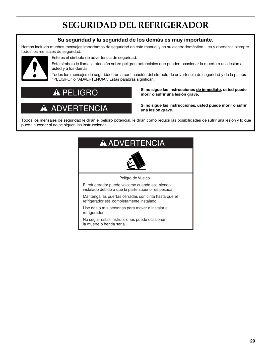 KitchenAid W10379132A manual Seguridad DEL Refrigerador, Su seguridad y la seguridad de los demás es muy importante 