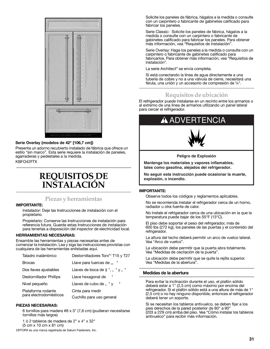 KitchenAid W10379132A Requisitos DE Instalación, Piezas y herramientas, Requisitos de ubicación, Medidas de la abertura 