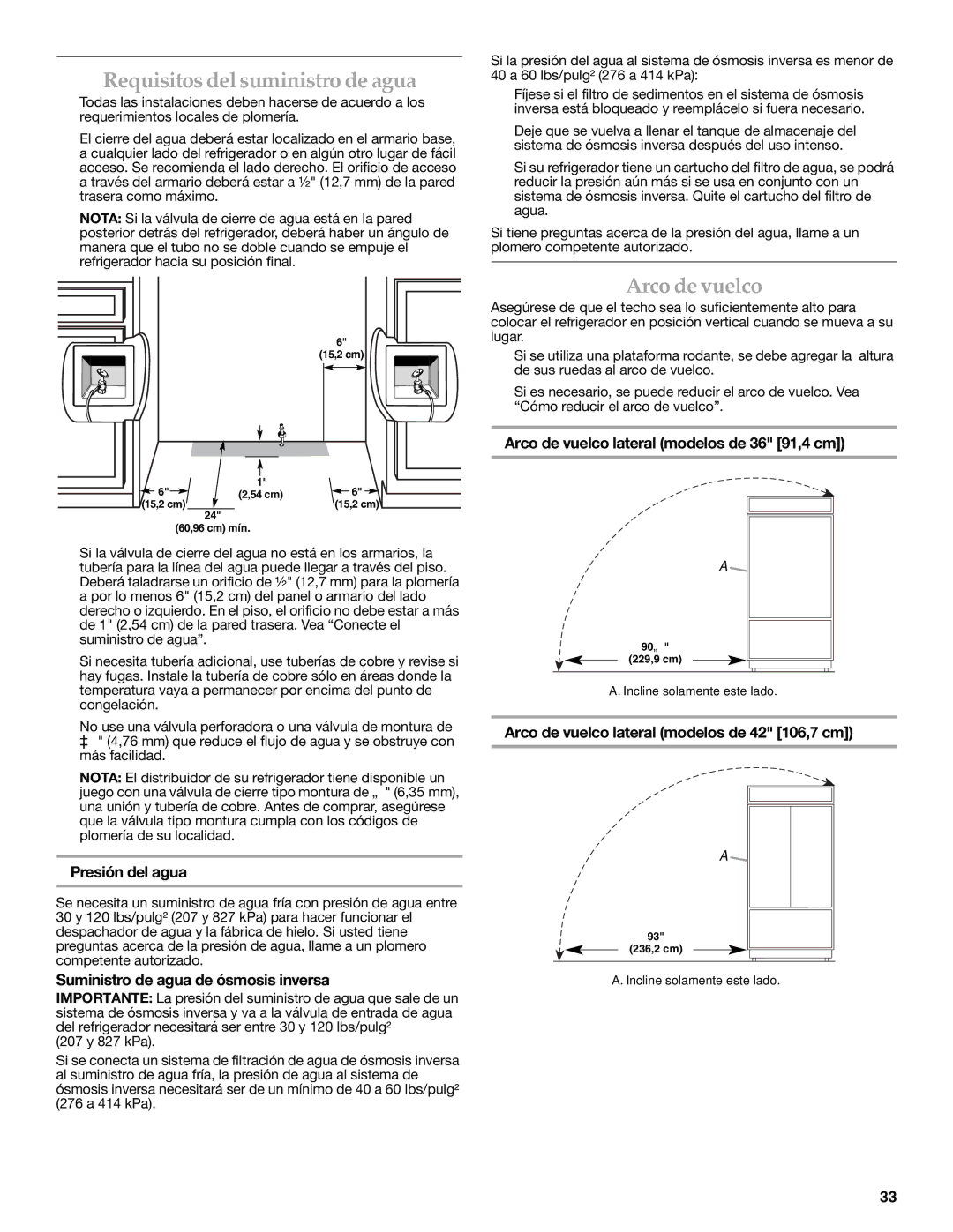 KitchenAid W10379132A manual Requisitos del suministro de agua, Arco de vuelco 