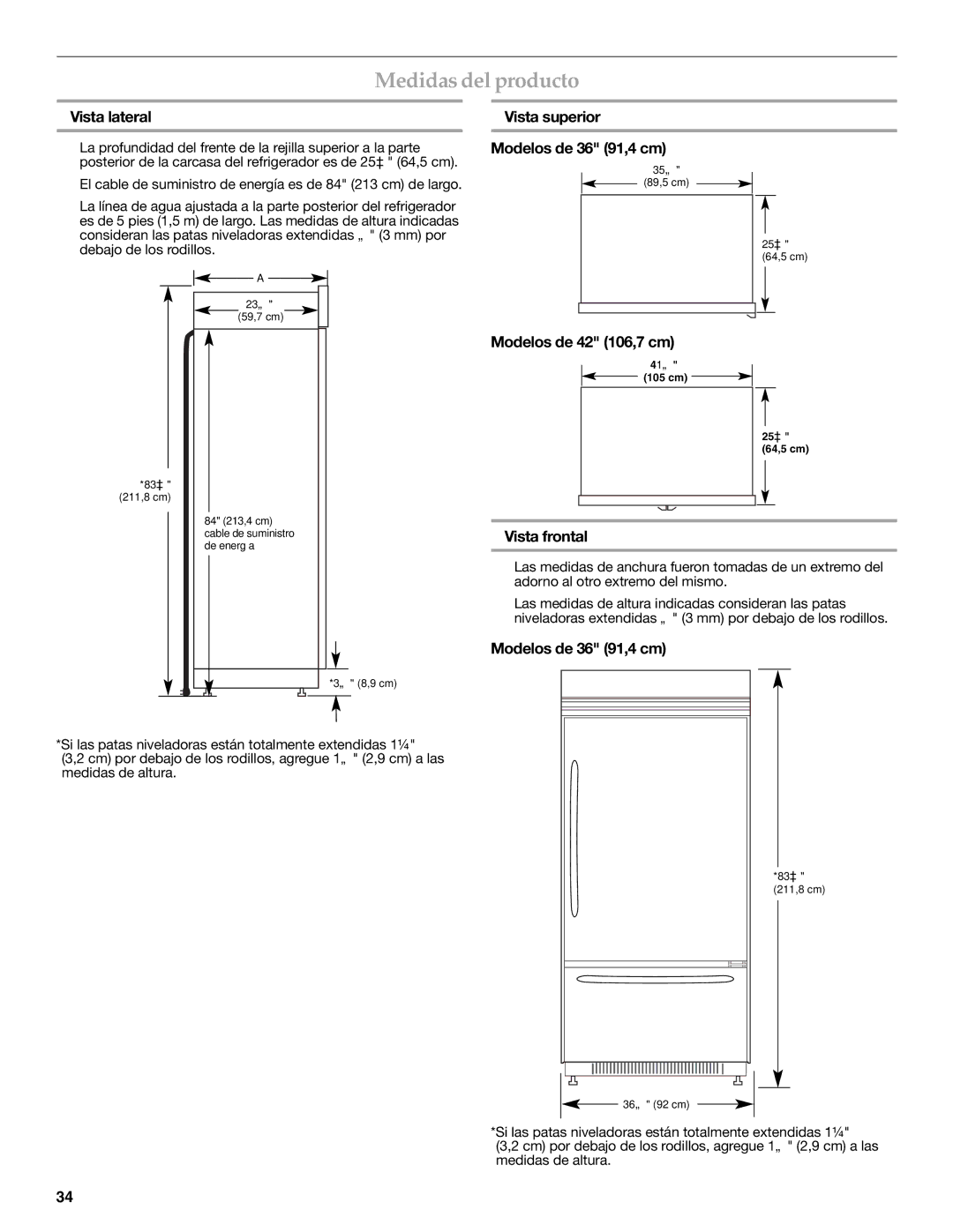 KitchenAid W10379132A Medidas del producto, Vista lateral, Vista superior Modelos de 36 91,4 cm, Modelos de 42 106,7 cm 