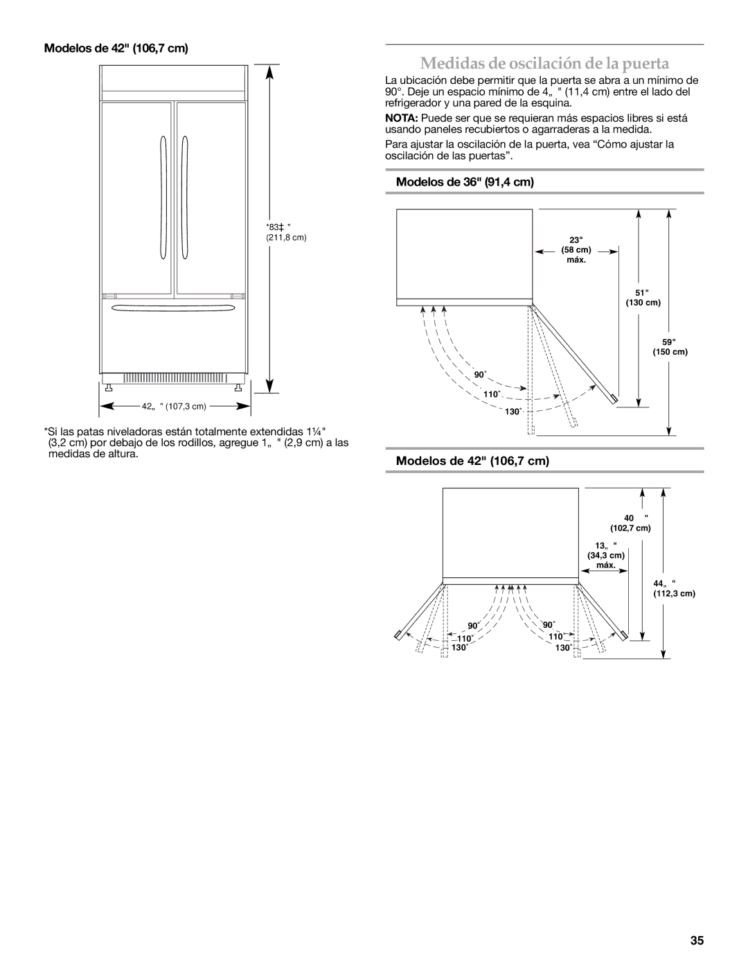 KitchenAid W10379132A manual Medidas de oscilación de la puerta 