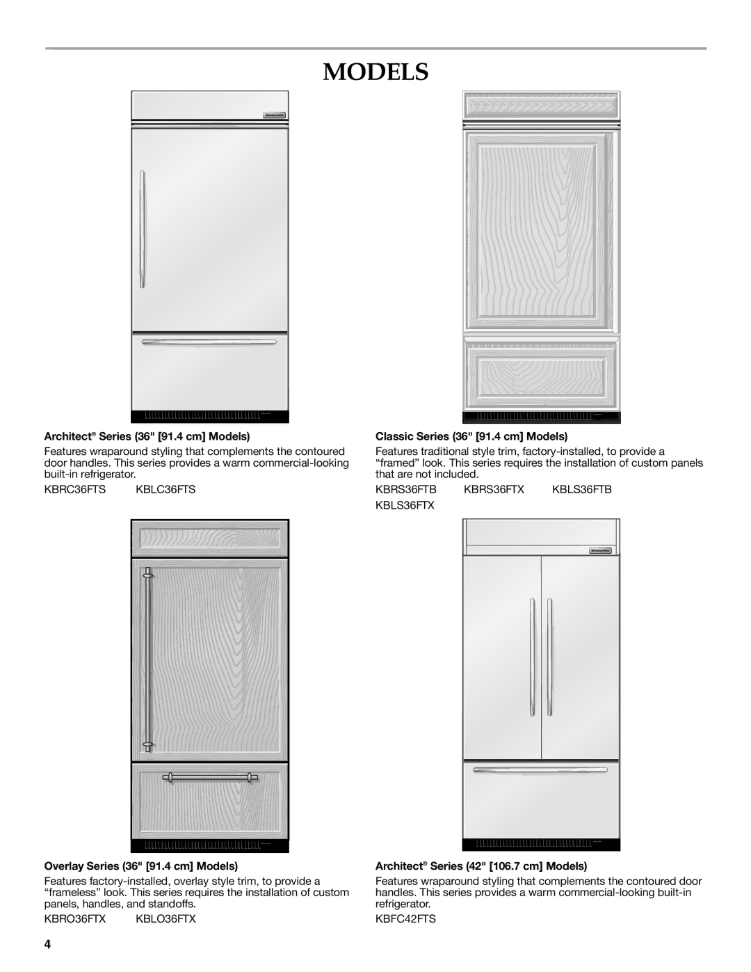 KitchenAid W10379132A manual Architect Series 36 91.4 cm Models, Classic Series 36 91.4 cm Models 