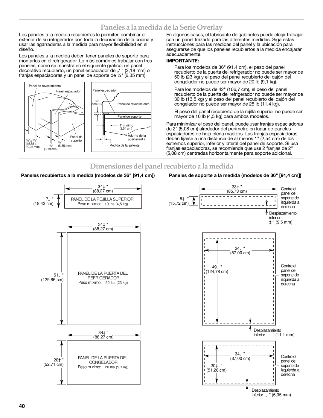 KitchenAid W10379132A manual Paneles a la medida de la Serie Overlay, Dimensiones del panel recubierto a la medida 