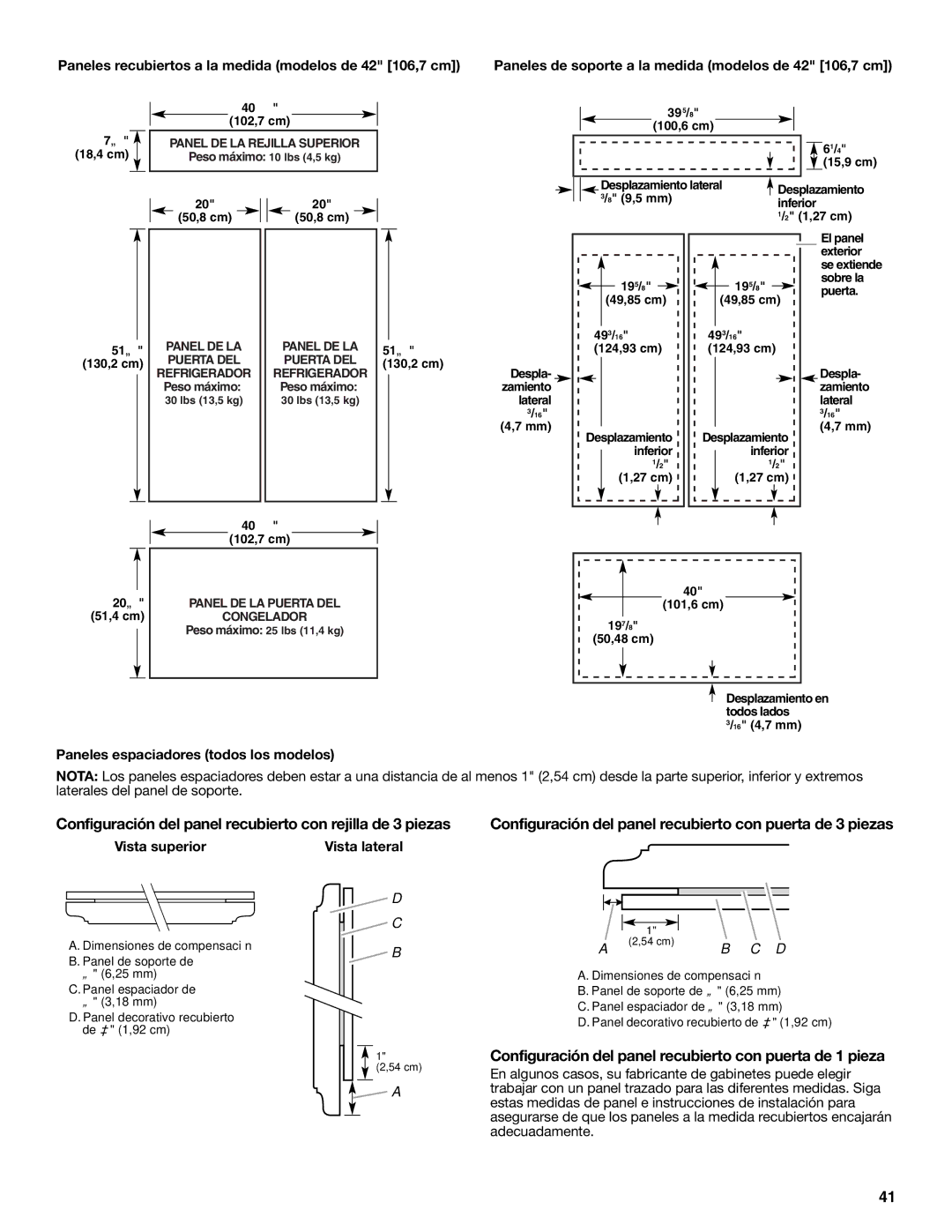 KitchenAid W10379132A Configuración del panel recubierto con puerta de 1 pieza, Paneles espaciadores todos los modelos 