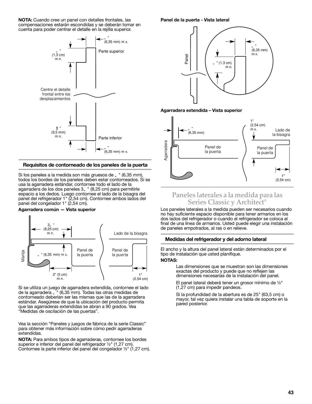 KitchenAid W10379132A Requisitos de contorneado de los paneles de la puerta, Medidas del refrigerador y del adorno lateral 