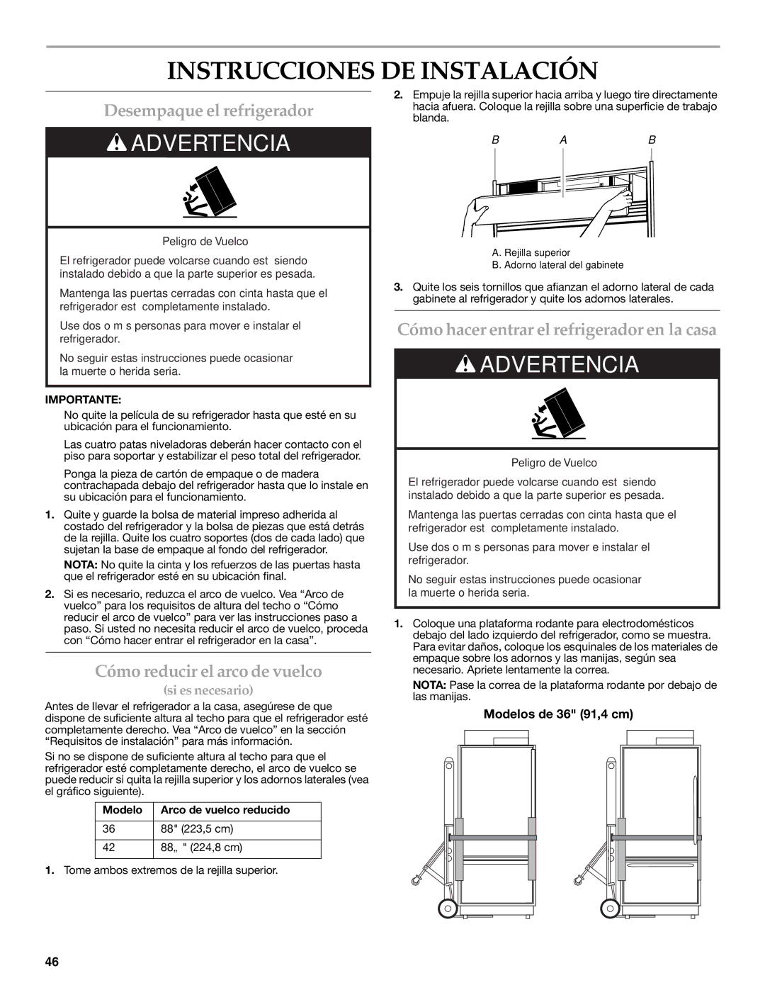 KitchenAid W10379132A manual Instrucciones DE Instalación, Desempaque el refrigerador, Cómo reducir el arco de vuelco 