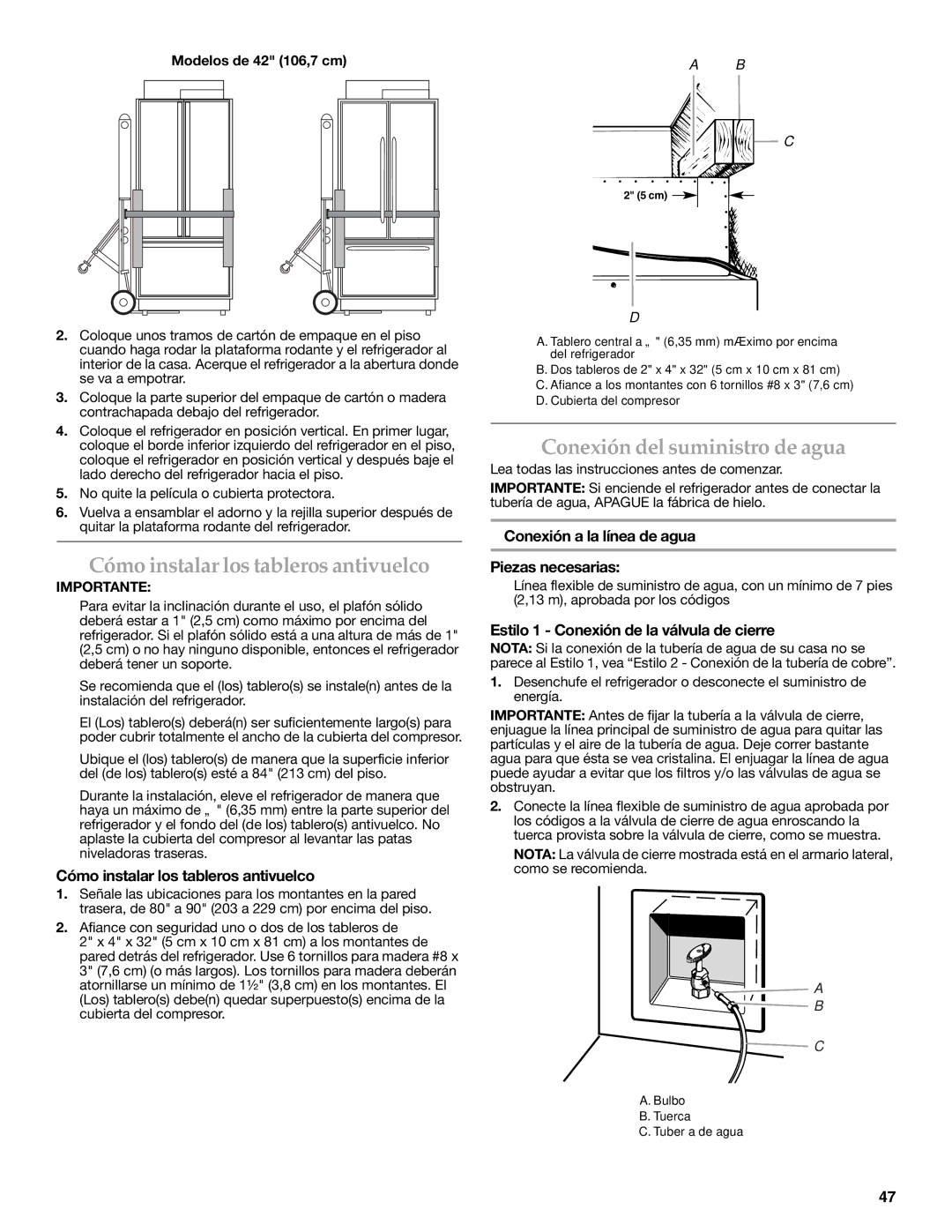 KitchenAid W10379132A manual Cómo instalar los tableros antivuelco, Conexión del suministro de agua 