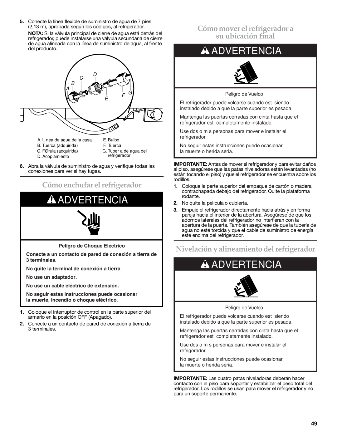 KitchenAid W10379132A manual Cómo mover el refrigerador a Su ubicación final, Cómo enchufar el refrigerador 