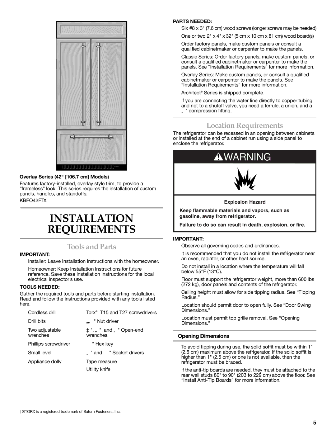 KitchenAid W10379132A manual Installation Requirements, Tools and Parts, Location Requirements, Opening Dimensions 