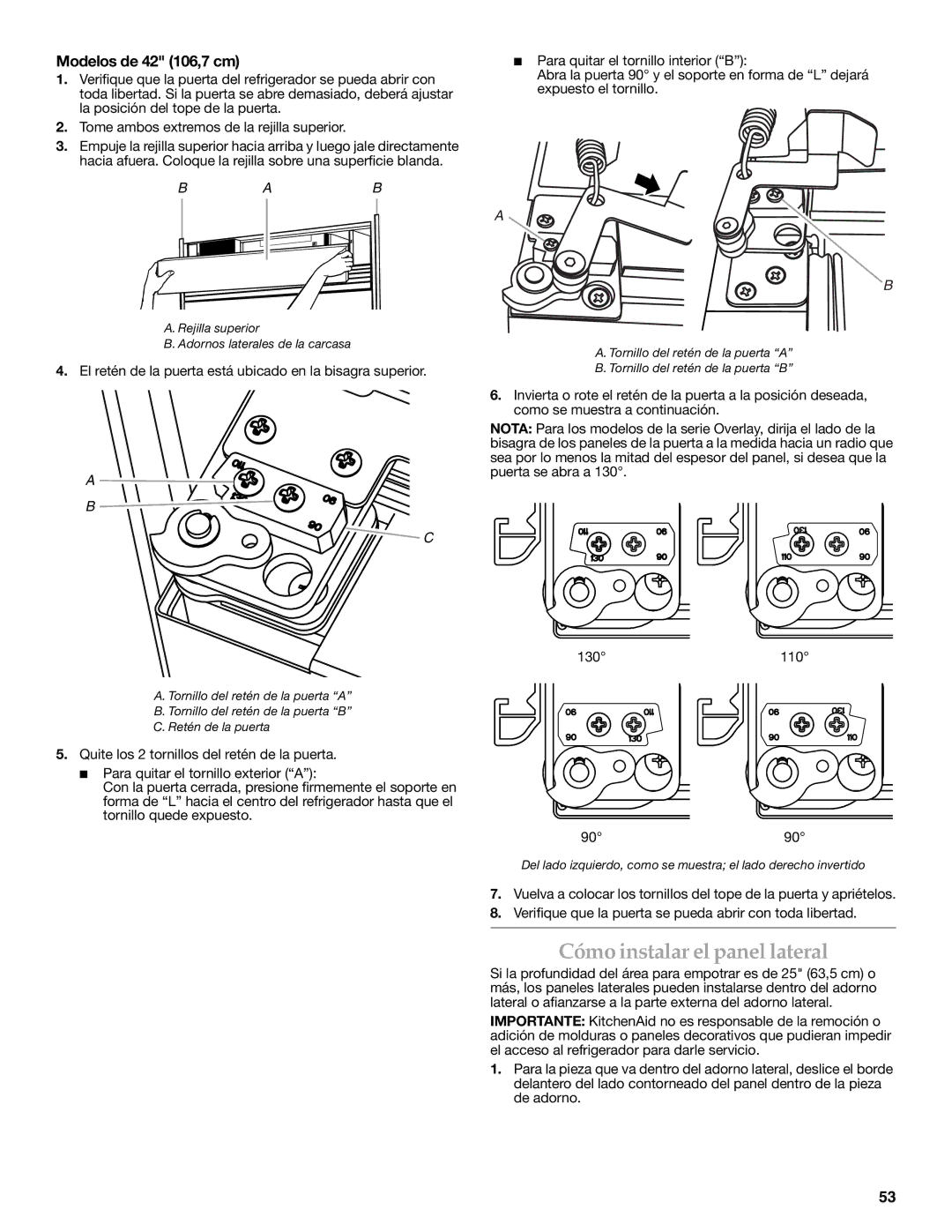 KitchenAid W10379132A manual Cómo instalar el panel lateral, Modelos de 42 106,7 cm 