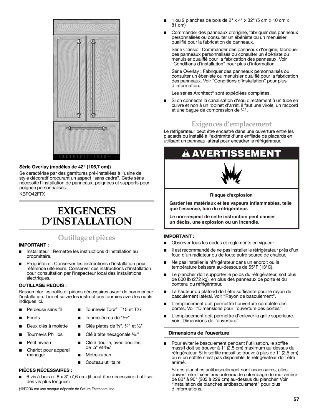 KitchenAid W10379132A Exigences ’INSTALLATION, Outillage et pièces, Exigences d’emplacement, Dimensions de l’ouverture 