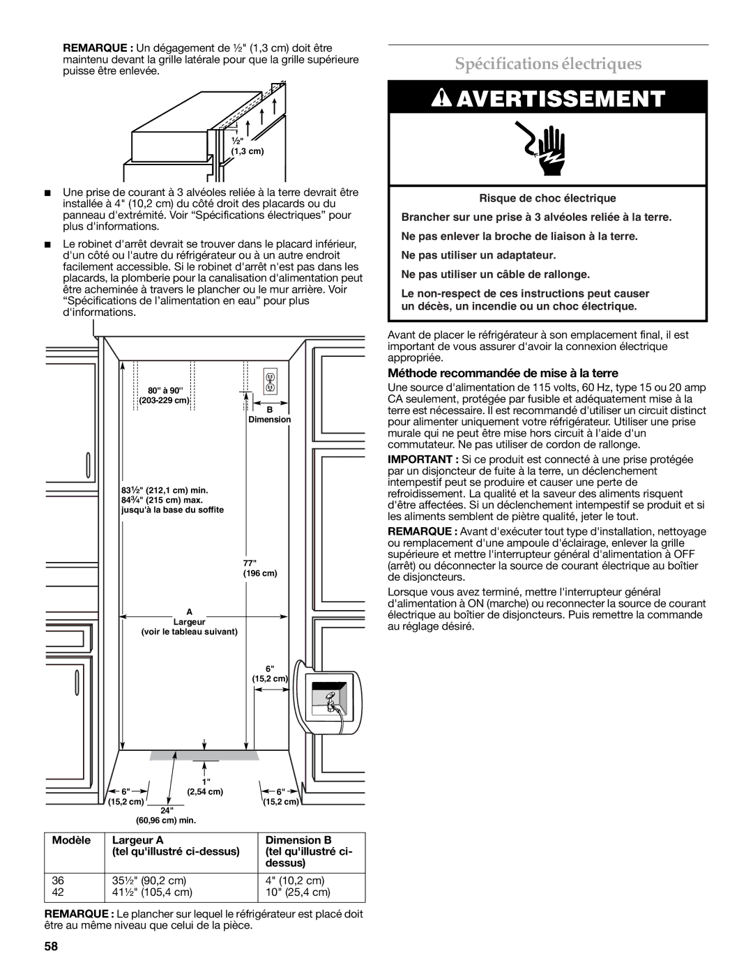 KitchenAid W10379132A manual Spécifications électriques, Méthode recommandée de mise à la terre 