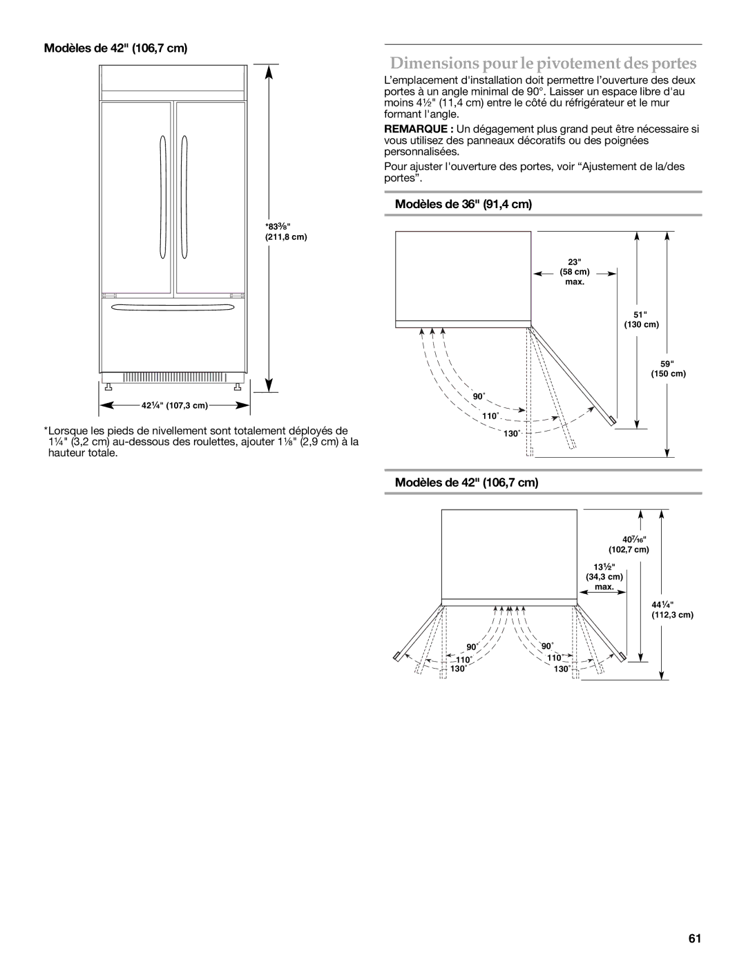 KitchenAid W10379132A manual Dimensions pour le pivotement des portes 