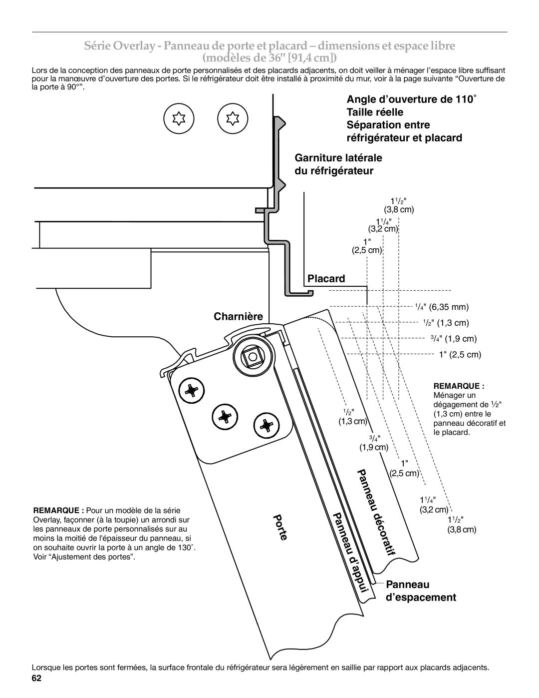 KitchenAid W10379132A manual Charnière Placard, Panneau, ’espacement 