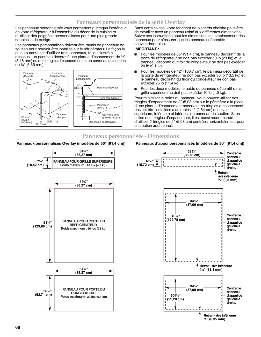 KitchenAid W10379132A manual Panneaux personnalisés de la série Overlay, Panneaux personnalisés Dimensions 