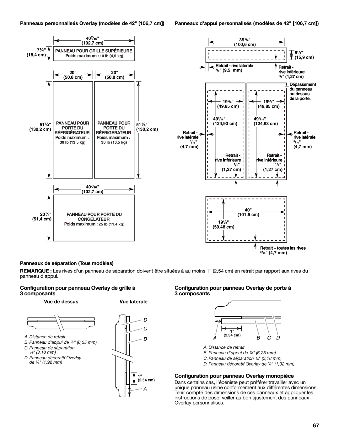 KitchenAid W10379132A Configuration pour panneau Overlay monopièce, Panneaux de séparation Tous modèles, Vue de dessus 