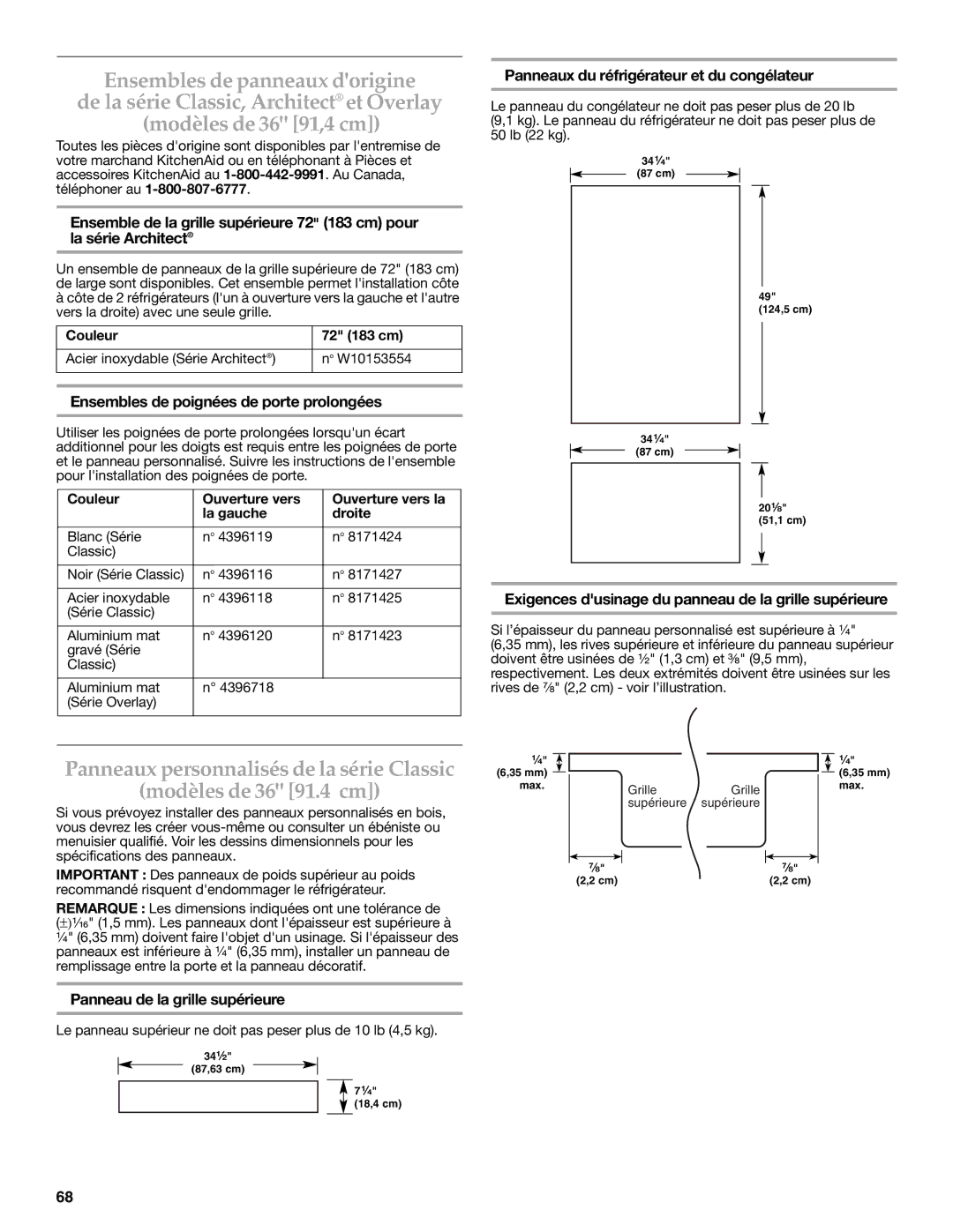 KitchenAid W10379132A manual Ensembles de panneaux dorigine, Ensembles de poignées de porte prolongées 