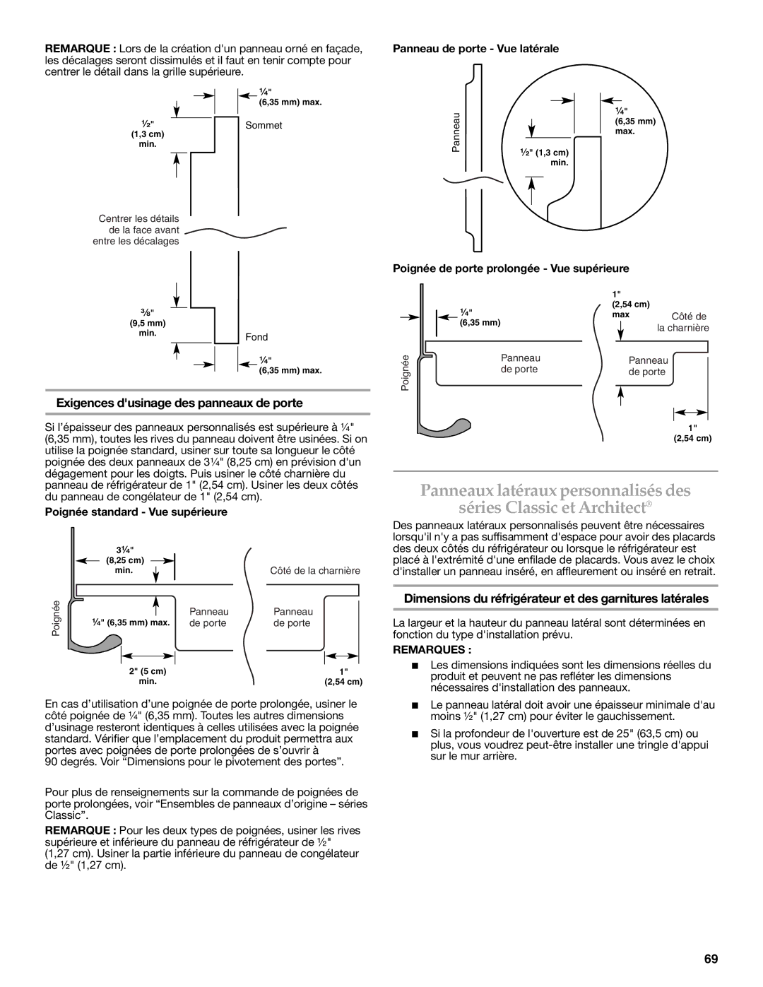 KitchenAid W10379132A Exigences dusinage des panneaux de porte, Dimensions du réfrigérateur et des garnitures latérales 