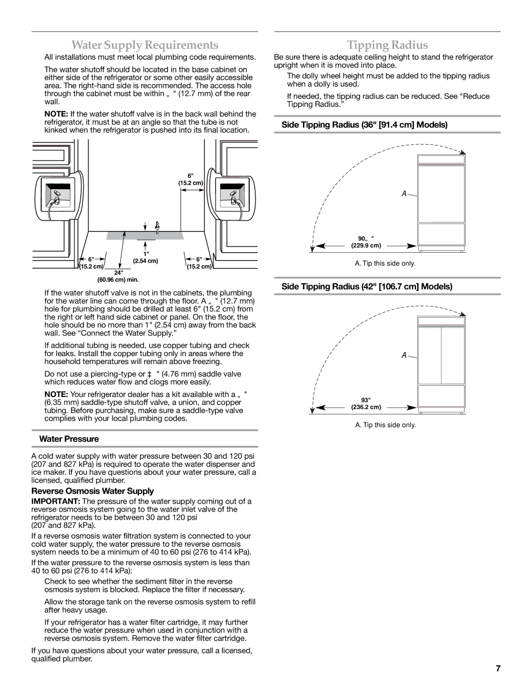 KitchenAid W10379132A manual Water Supply Requirements, Tipping Radius 