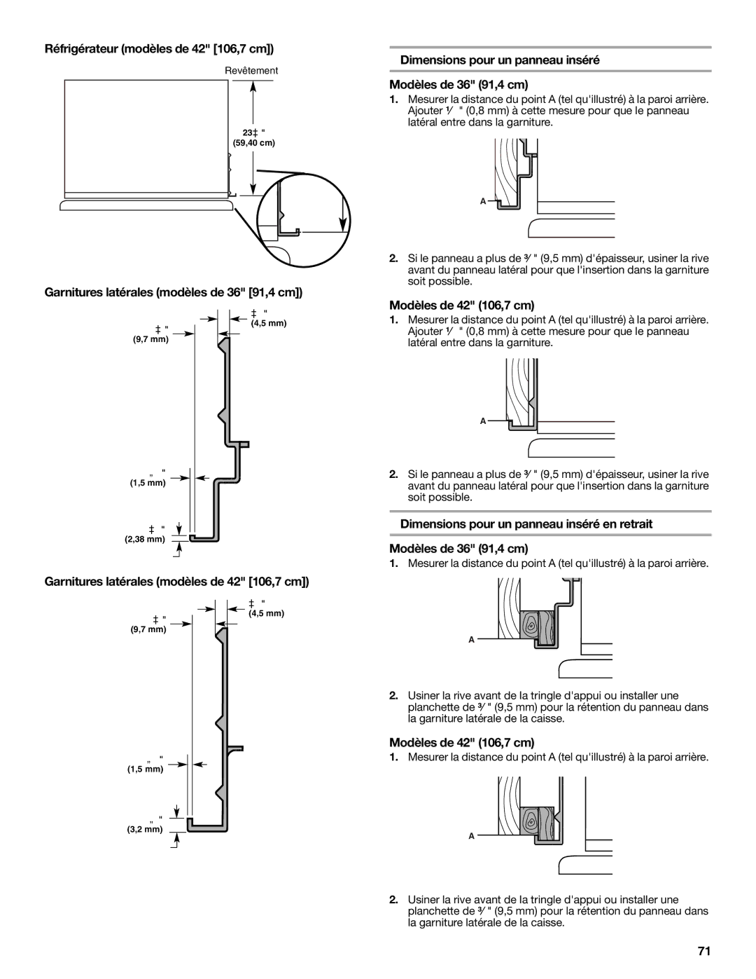 KitchenAid W10379132A manual Réfrigérateur modèles de 42 106,7 cm, Garnitures latérales modèles de 42 106,7 cm 