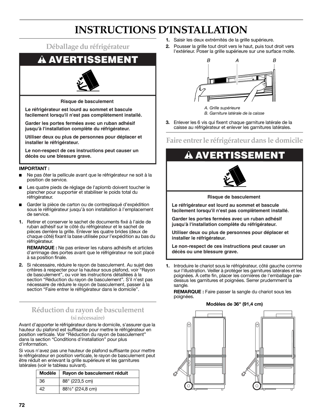 KitchenAid W10379132A manual Instructions D’INSTALLATION, Déballage du réfrigérateur, Réduction du rayon de basculement 