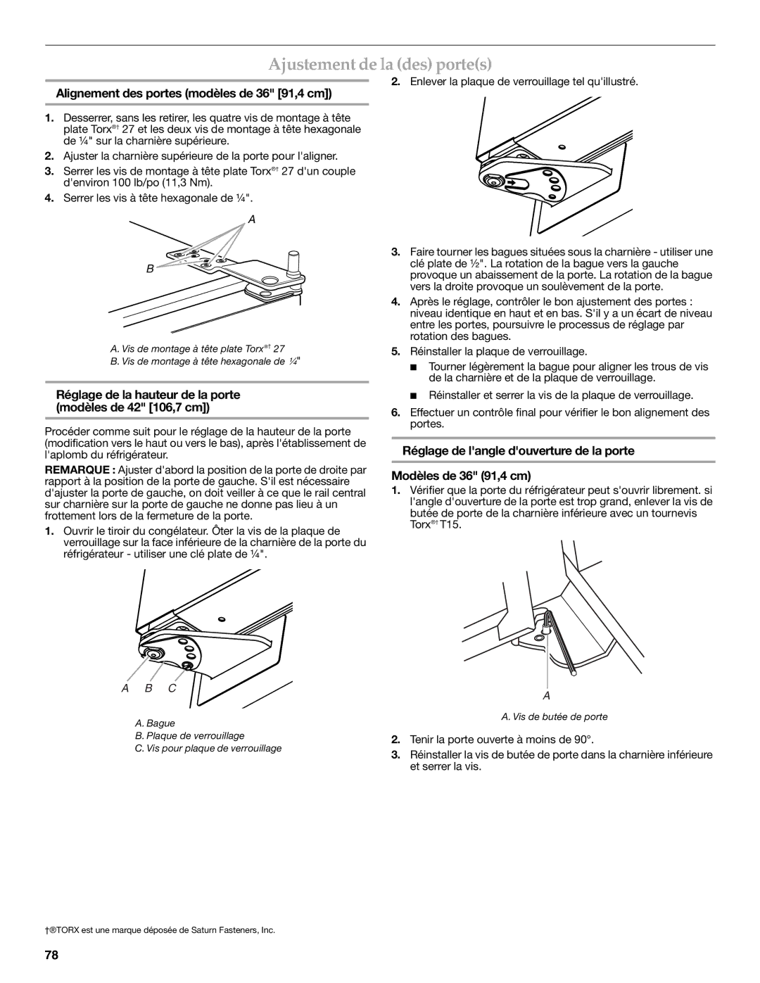 KitchenAid W10379132A manual Ajustement de la des portes, Alignement des portes modèles de 36 91,4 cm 