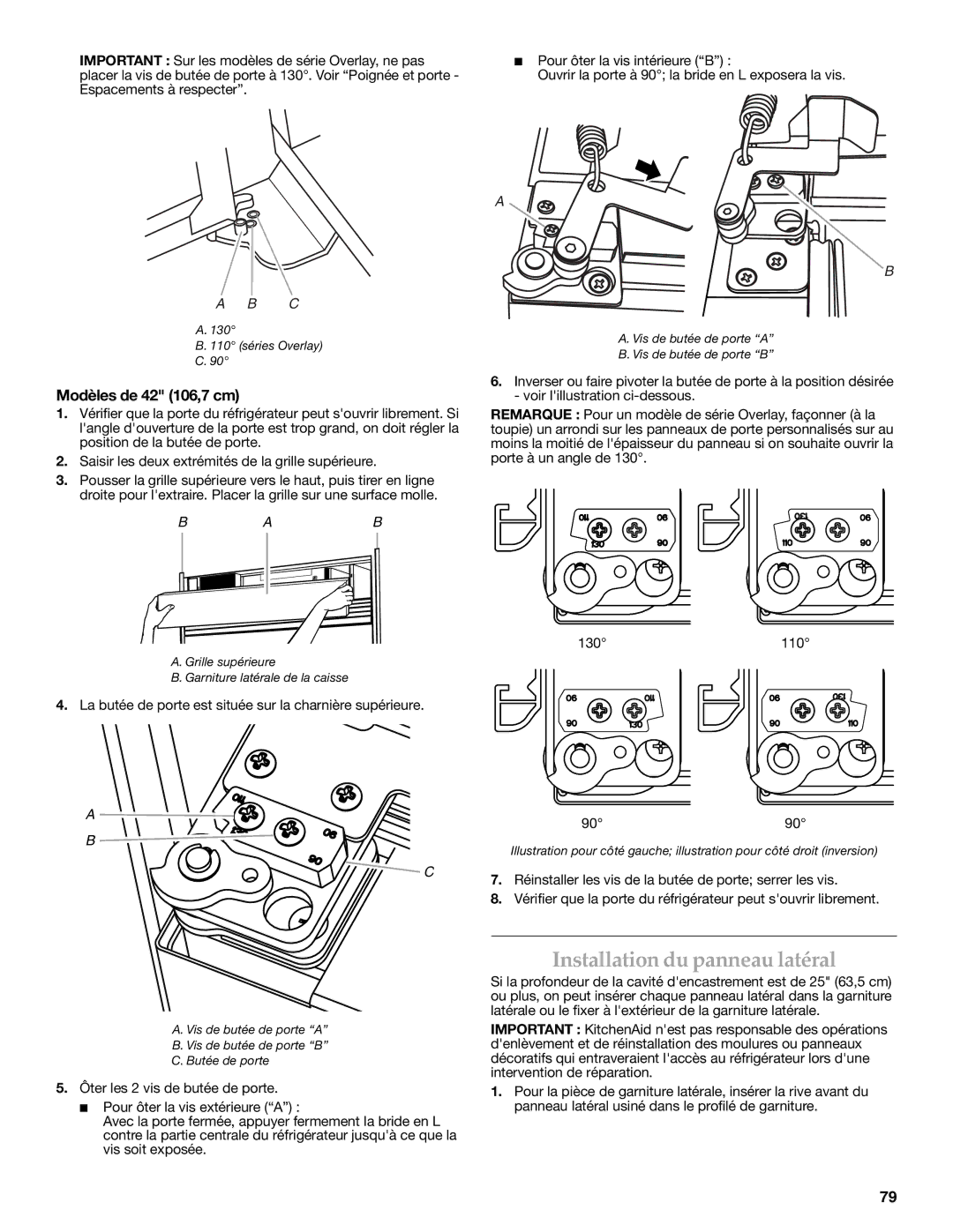 KitchenAid W10379132A manual Installation du panneau latéral, Modèles de 42 106,7 cm 