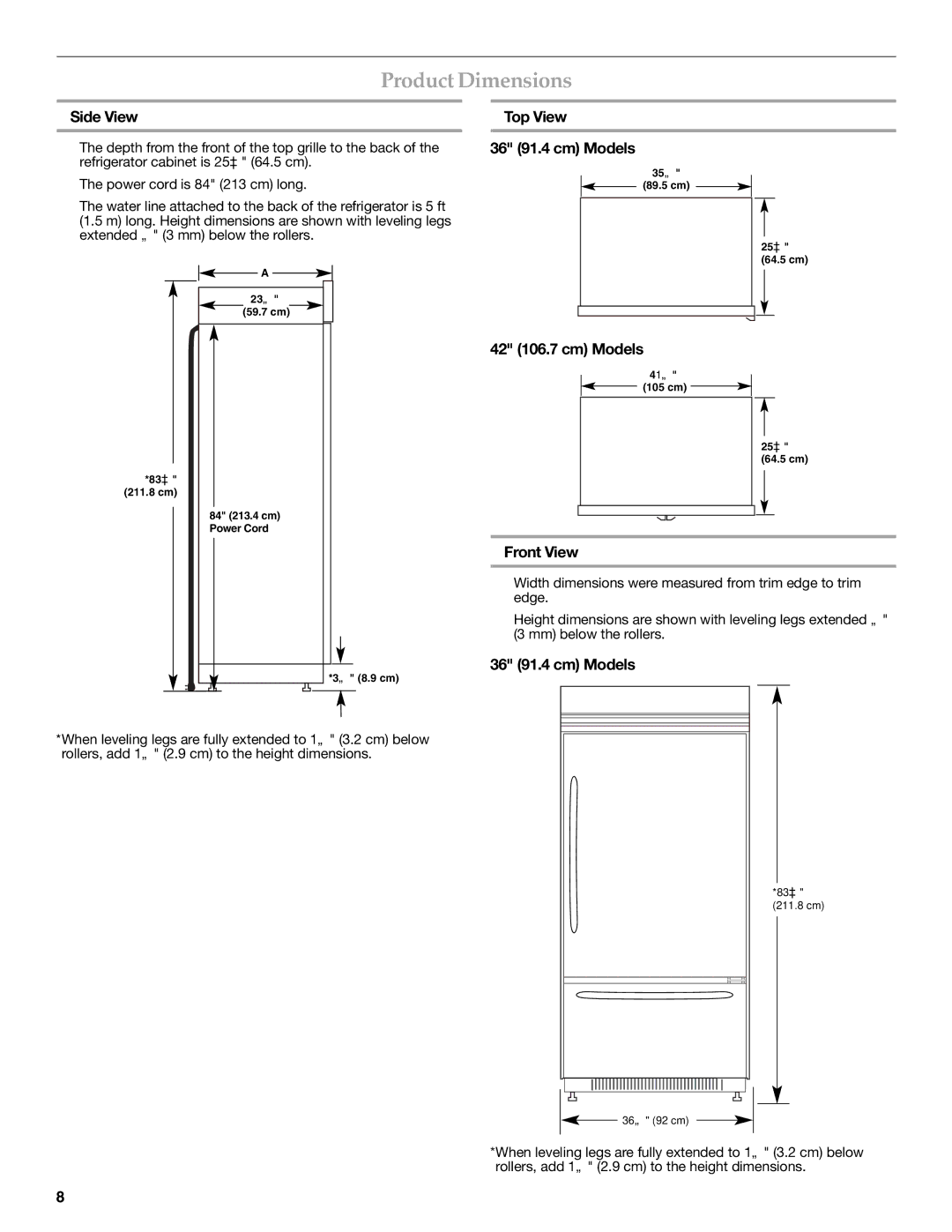 KitchenAid W10379132A manual Product Dimensions, Side View, Top View 36 91.4 cm Models, 42 106.7 cm Models, Front View 