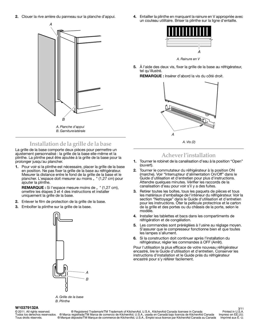 KitchenAid W10379132A manual Installation de la grille de la base, Achever l’installation 