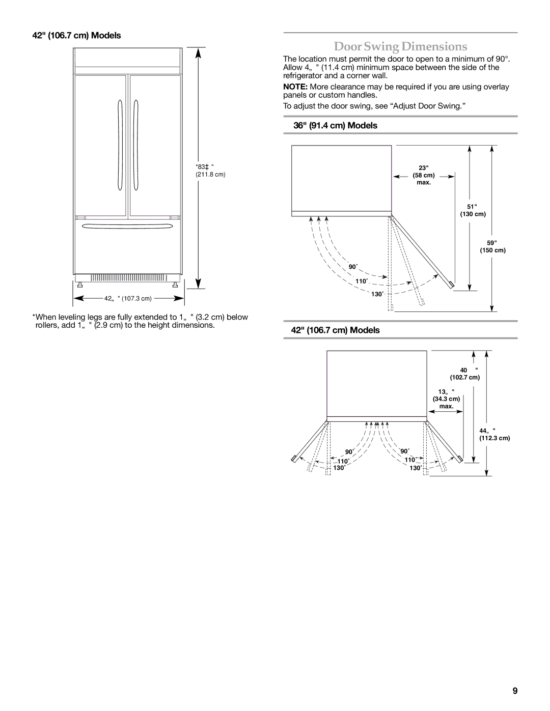 KitchenAid W10379132A manual Door Swing Dimensions 