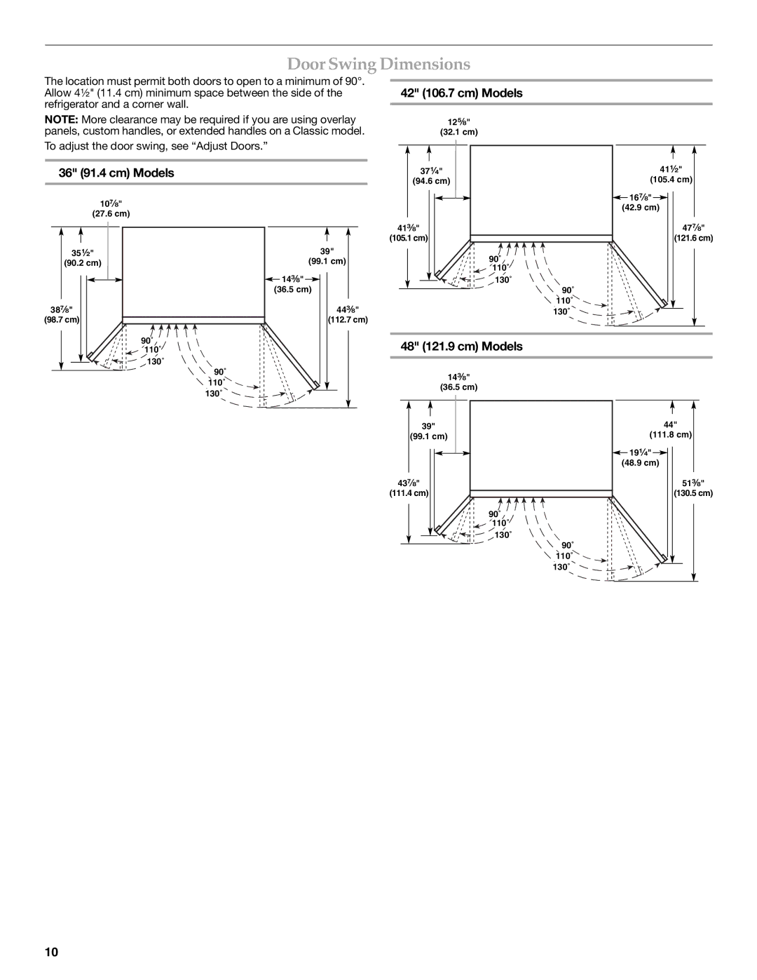 KitchenAid W10379133A manual Door Swing Dimensions, 36 91.4 cm Models, 42 106.7 cm Models, 48 121.9 cm Models 