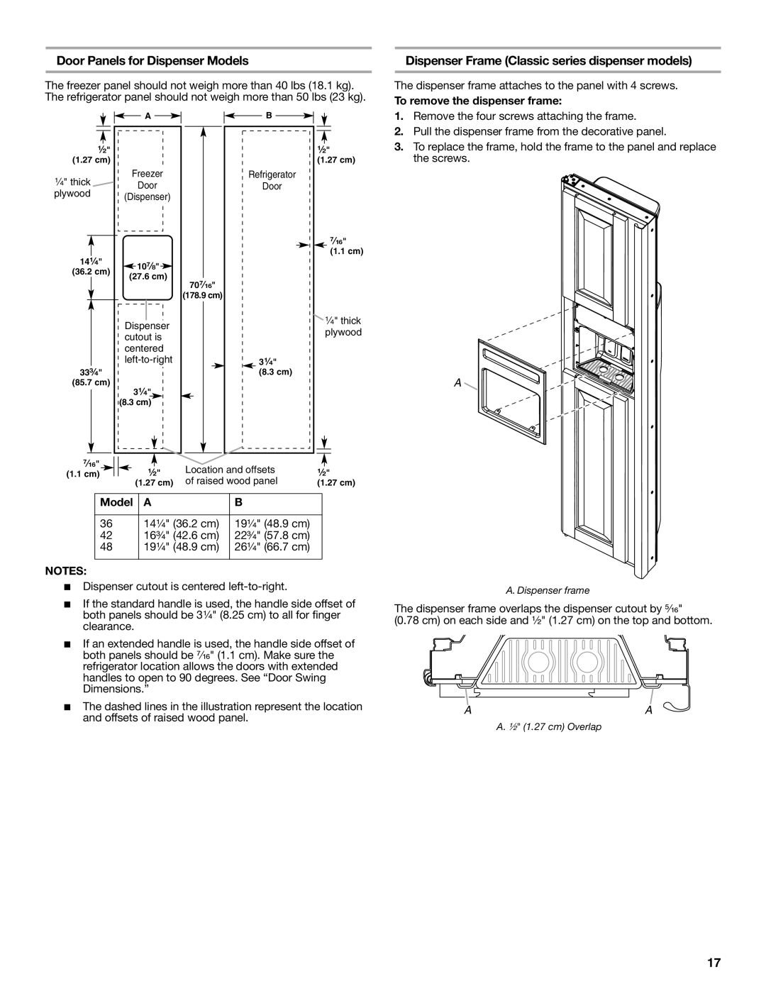 KitchenAid W10379133A manual Door Panels for Dispenser Models, Dispenser Frame Classic series dispenser models 