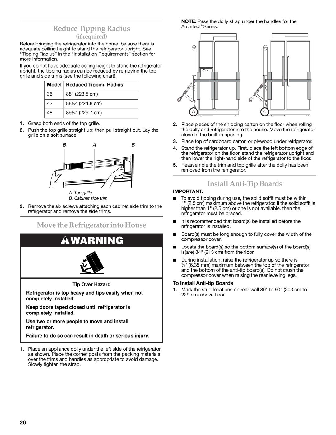 KitchenAid W10379133A manual Reduce Tipping Radius, Move the Refrigerator into House, Install Anti-Tip Boards 