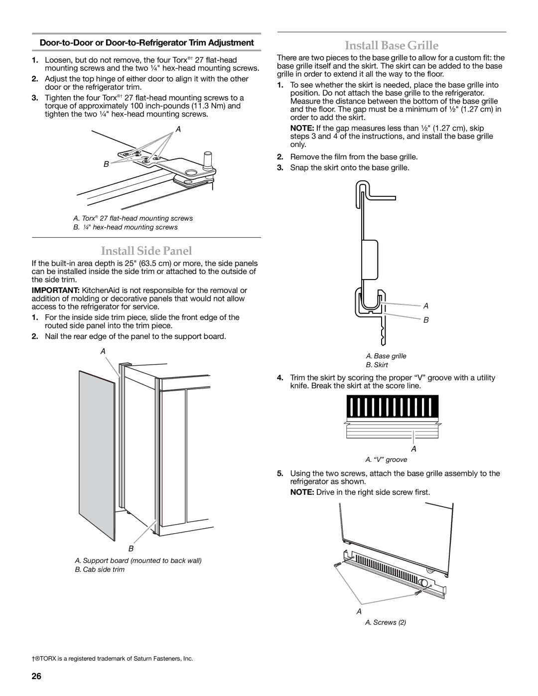 KitchenAid W10379133A manual Install Base Grille, Install Side Panel, Door-to-Door or Door-to-Refrigerator Trim Adjustment 