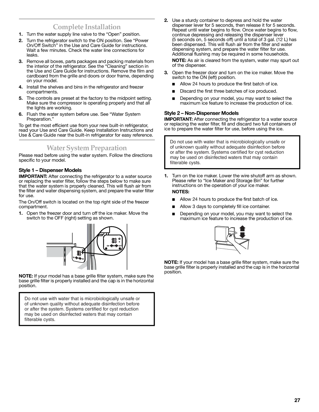 KitchenAid W10379133A manual Complete Installation, Water System Preparation, Style 1 Dispenser Models 