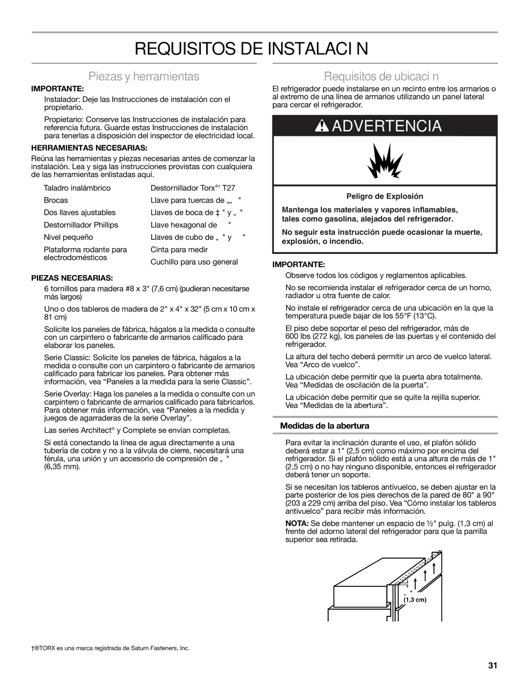 KitchenAid W10379133A Requisitos DE Instalación, Piezas y herramientas, Requisitos de ubicación, Medidas de la abertura 