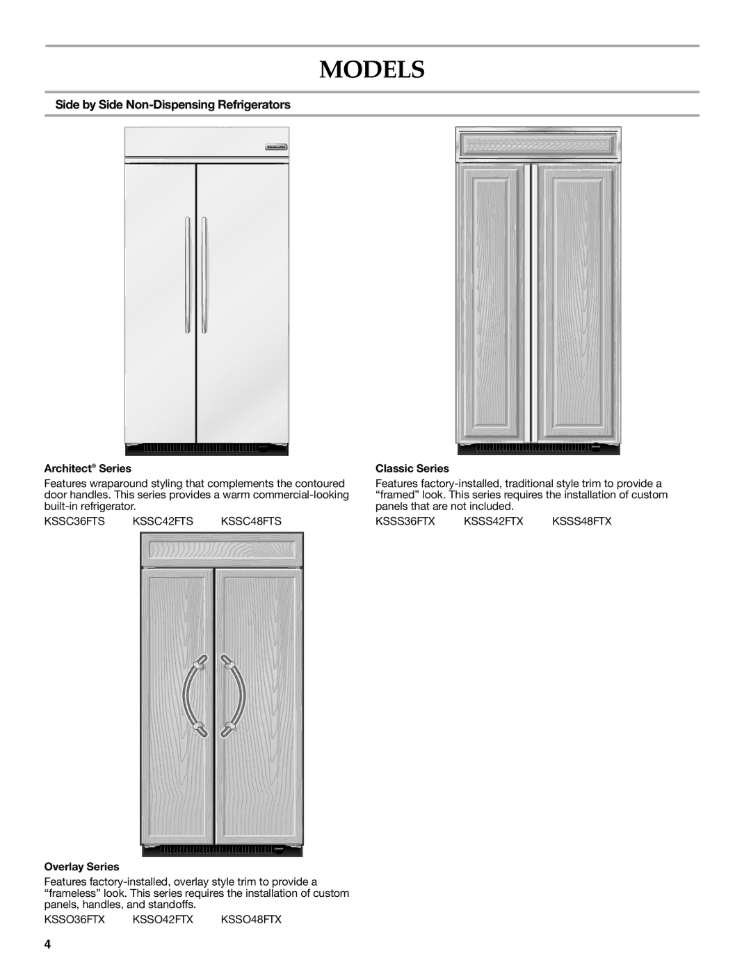 KitchenAid W10379133A Models, Side by Side Non-Dispensing Refrigerators, Architect Series, Classic Series, Overlay Series 